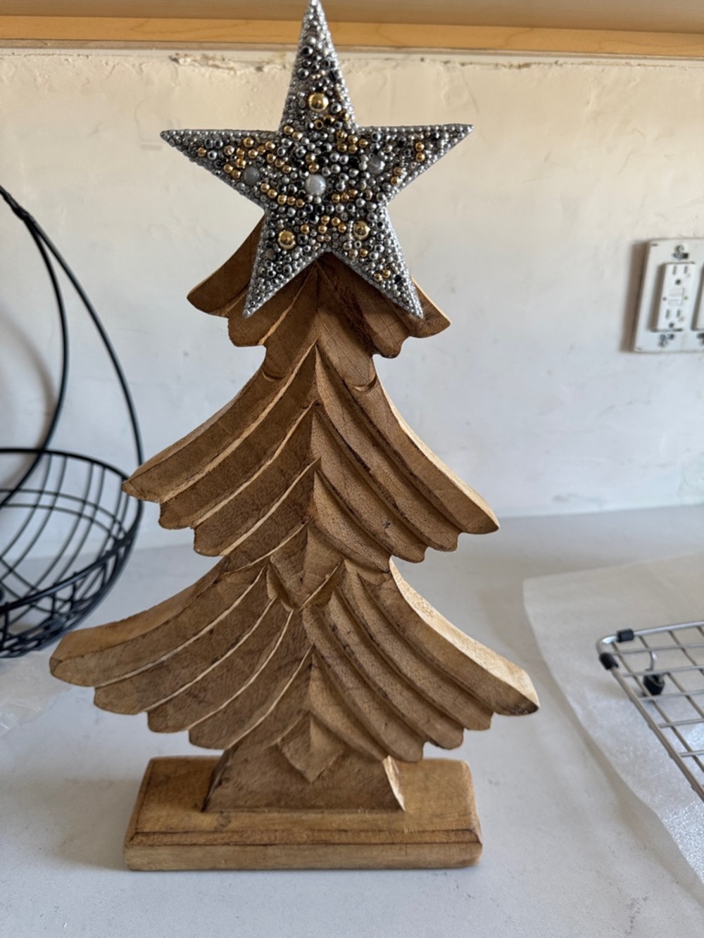 Wooden Holiday Tree Decor with Beaded Silver Star